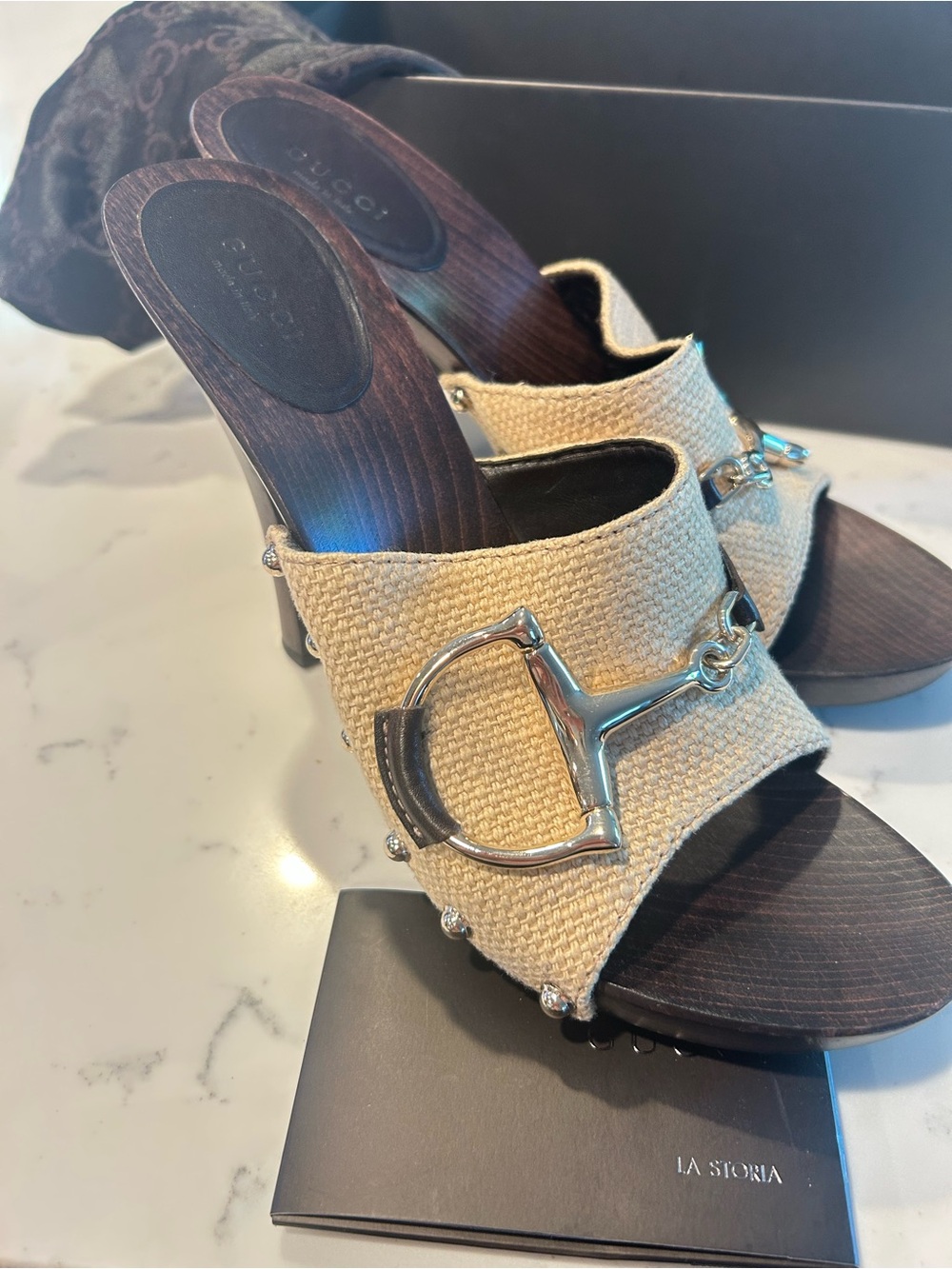 Gucci Beige Canvas Horsebit Studded Mule Heels - Picture 6 of 6